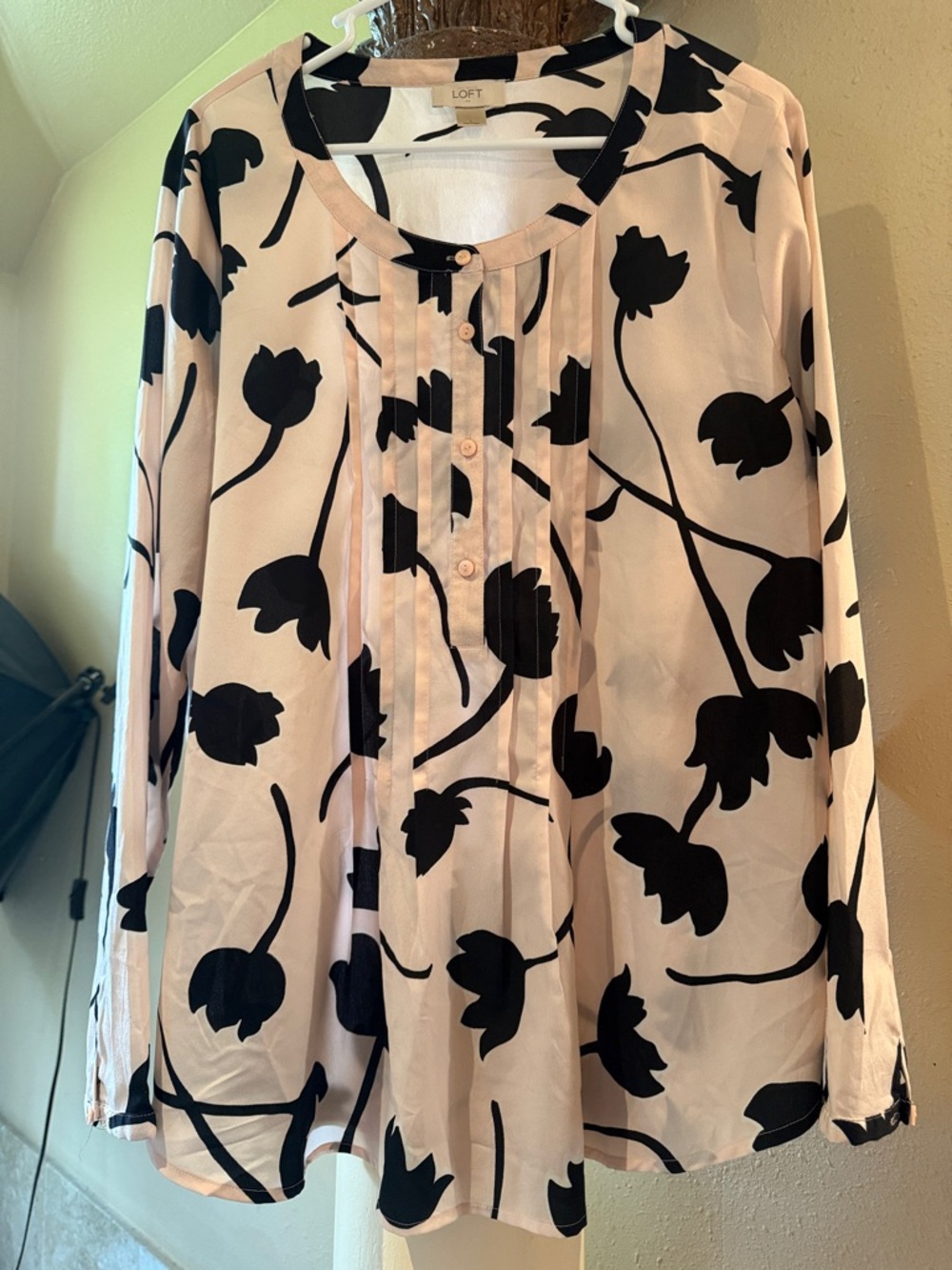 LOFT Black Floral Print Pink Blouse with Pintuck Front and Tulips